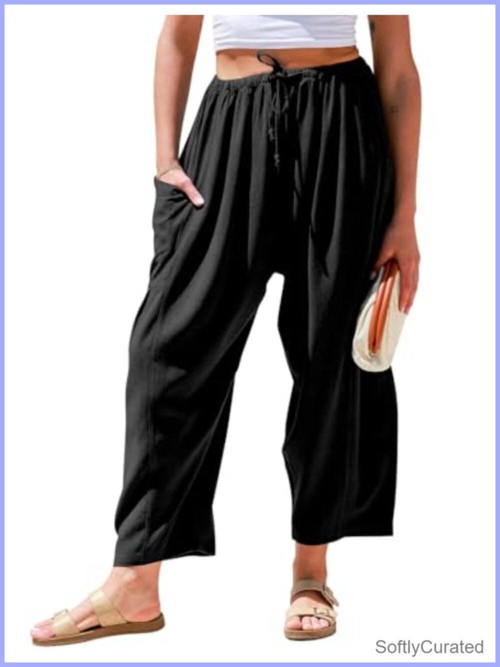 Womens Linen Blend Wide Leg Palazzo Harem Pants with Pockets